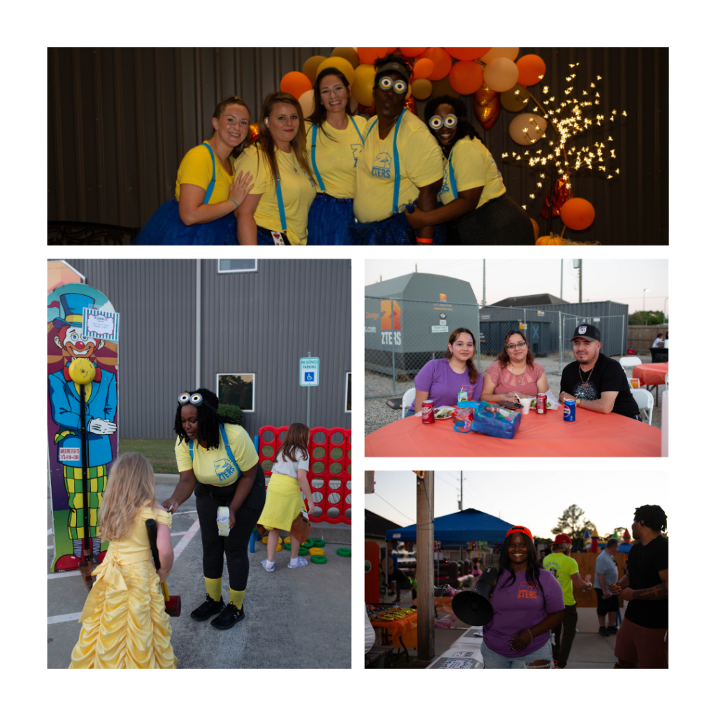 A collage of photos of ZTERS employees at their fall festival all dressed up in minnons costumes,, playing games, and hanging out together. 