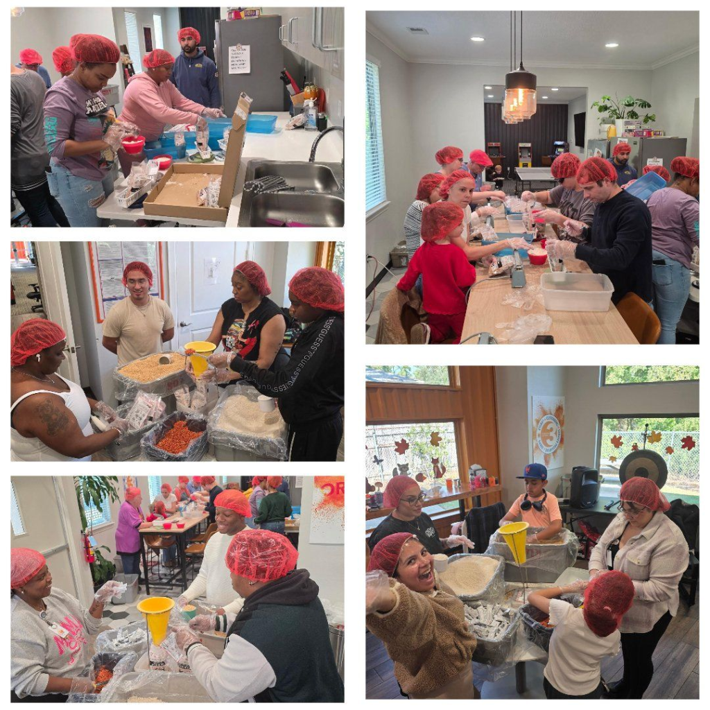 A photo collage of ZTERS employees volunteering to make meals to support Rise Against Hunger