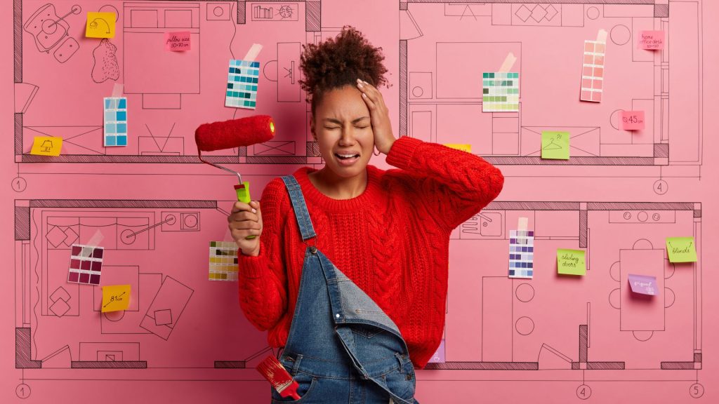 Home renovation mistakes to avoid shown through DIY renovation stress, poor planning, and design confusion.