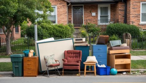 A picture of miscellaneous furniture outside of a house for a junk removal for an estate sale.