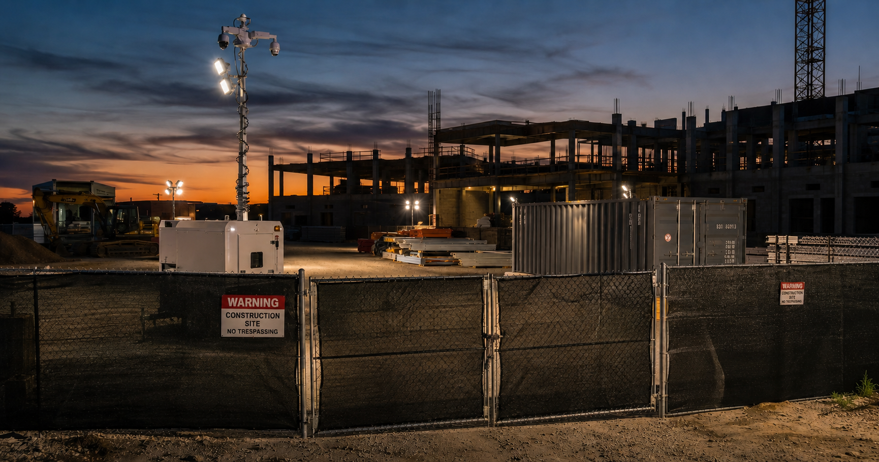 Construction site theft prevention with perimeter fencing, lighting, and cameras securing a jobsite at night