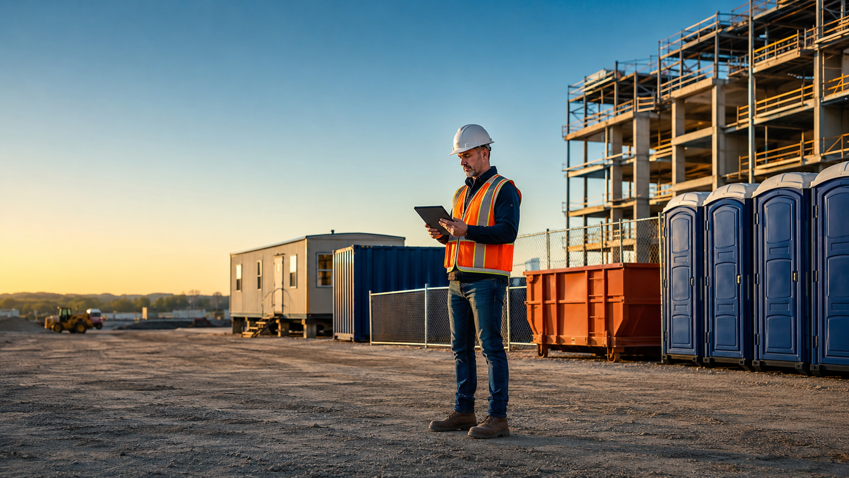 Site services broker vs direct vendor: construction manager reviewing a site plan on a tablet at an organized jobsite with restrooms, dumpster, fencing, and office trailer