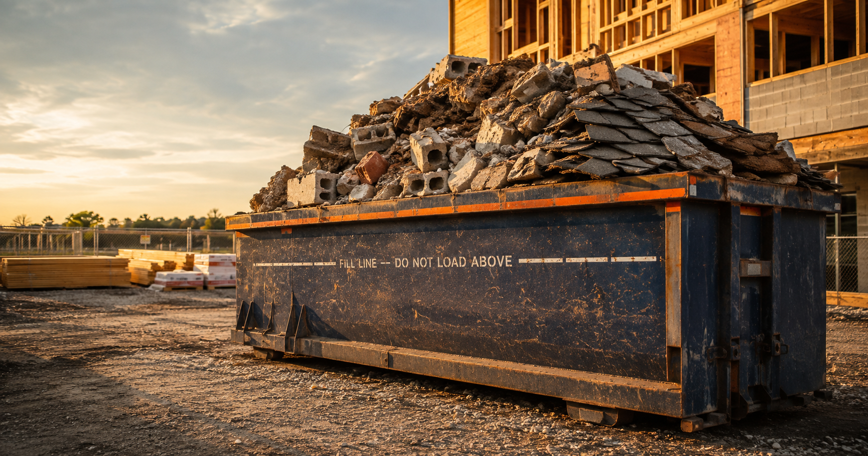Overloaded navy roll-off dumpster heaped with heavy concrete and brick debris on a construction jobsite, illustrating dumpster weight limits and overage fees.
