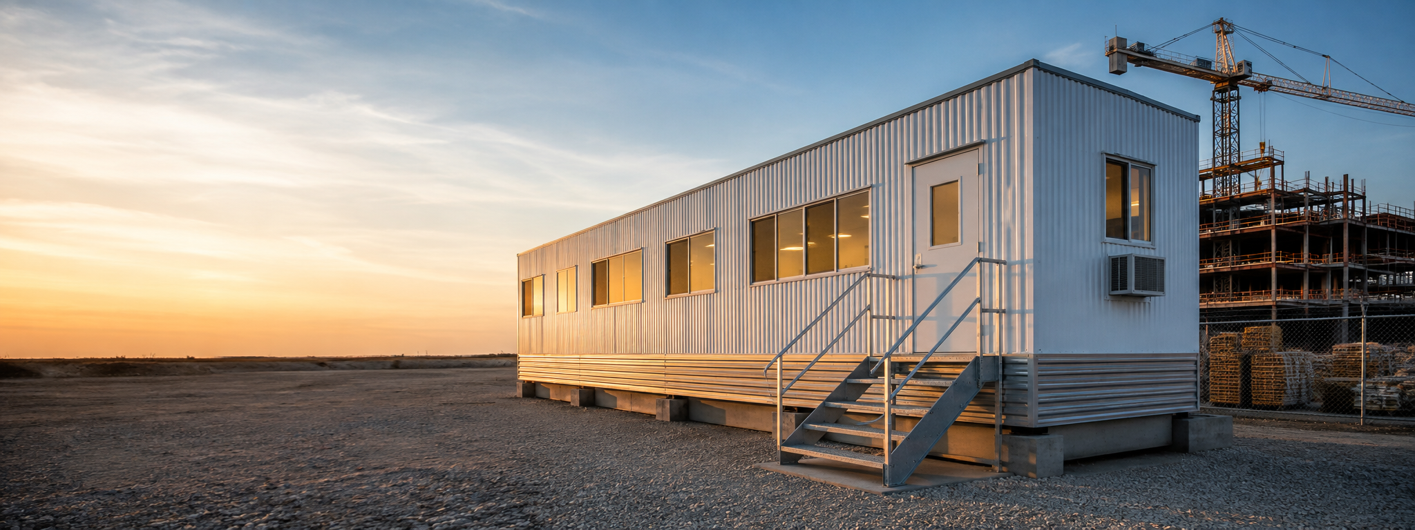 Mobile office trailer rental cost on a construction site, single-wide office trailer set up and leveled beside the work area