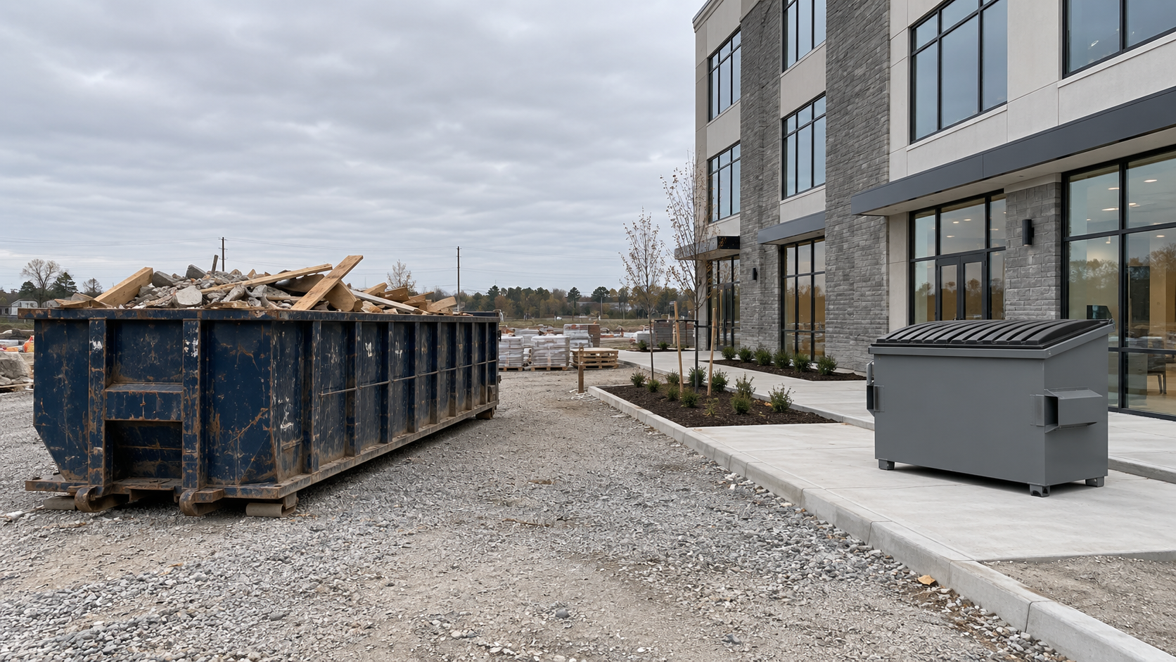 Temporary vs permanent waste solutions on a job site, a roll-off dumpster beside a front-load container outside a finished building