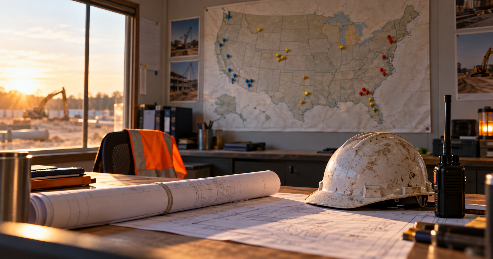 Multi-state site services planning map pinned in a construction project trailer
