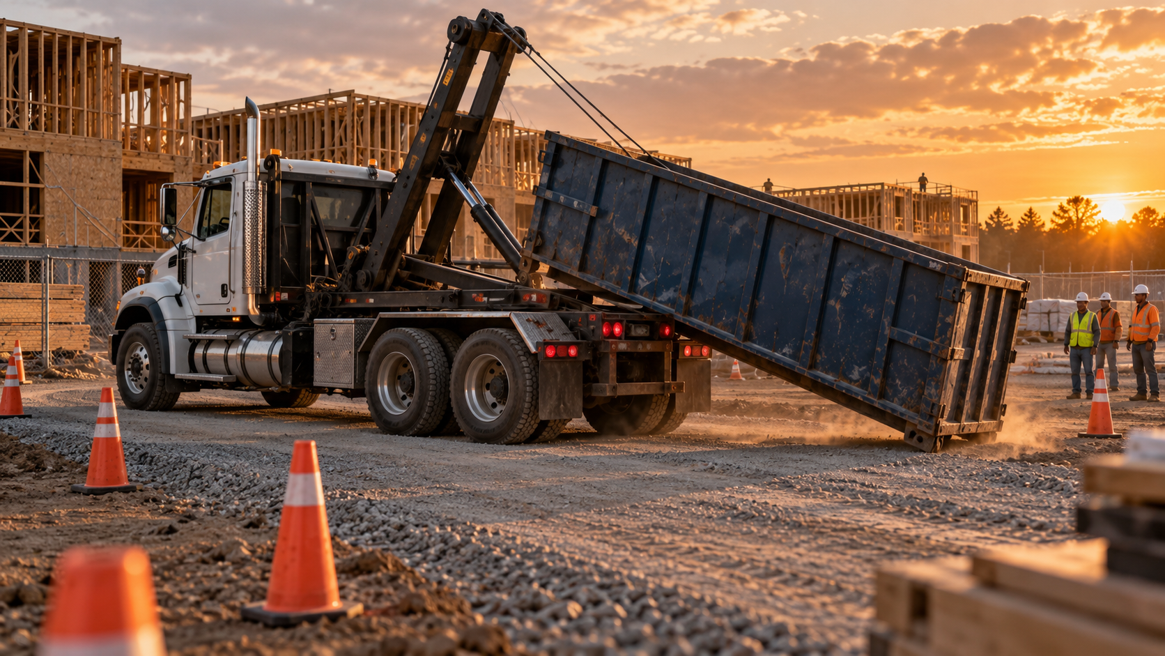 Roll-off dumpster delivery truck lowering a container onto a construction jobsite