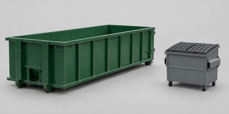 Roll-off dumpster and front-load container side by side, comparing temporary and permanent waste containers