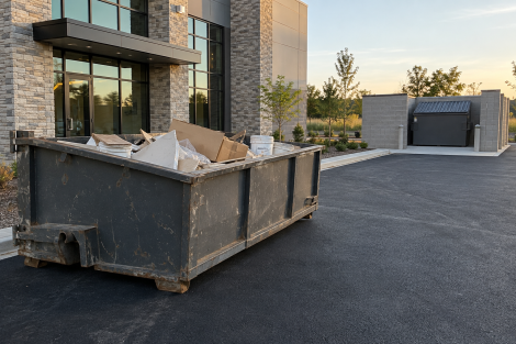 Small roll-off dumpster during punch list cleanup with a permanent front-load container in a masonry enclosure behind it