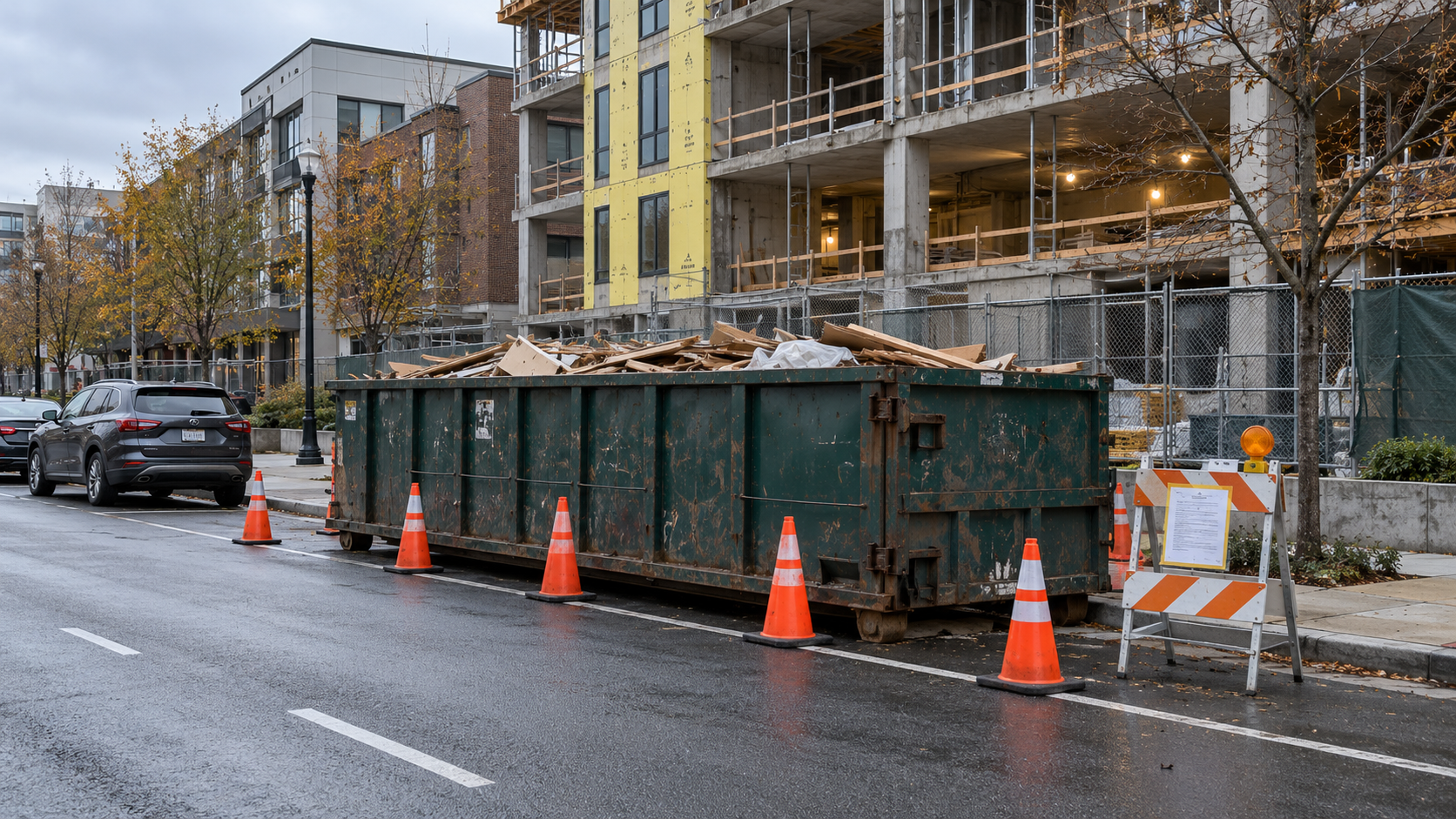 Dumpster permit notice beside a roll off container placed in a city street at a construction site
