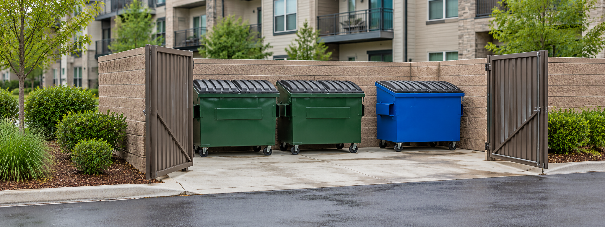 Apartment dumpster and recycling container inside a masonry enclosure at a multifamily
property