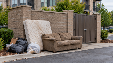 Bulky items left outside an apartment dumpster enclosure because apartment dumpster rules
were not posted