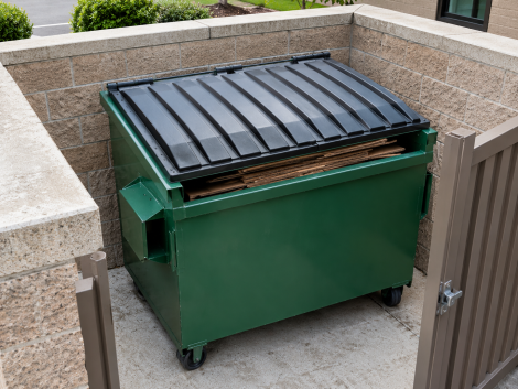Six yard front load apartment dumpster size shown inside a tight enclosure with closed lids