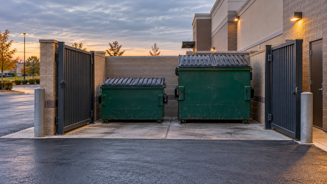 Two front-load commercial dumpsters of different sizes inside a masonry enclosure behind a retail plaza