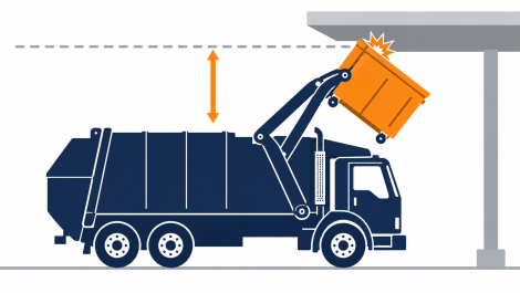 Side view of a front-load truck lifting a dumpster over its cab, showing the overhead clearance a commercial dumpster size requires