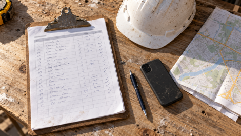 Permit tracking sheet on a jobsite clipboard used to manage dumpster permits across multiple sites